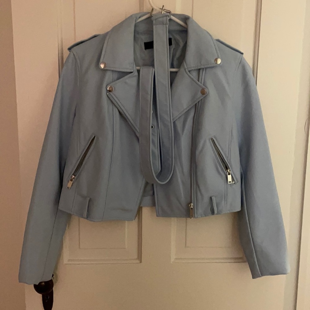 Baby blue leather jacket.